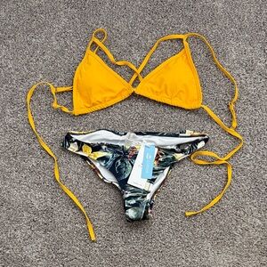 Cupshe Yellow Triangle Bikini Top with Cheeky Tropical Print Bottom